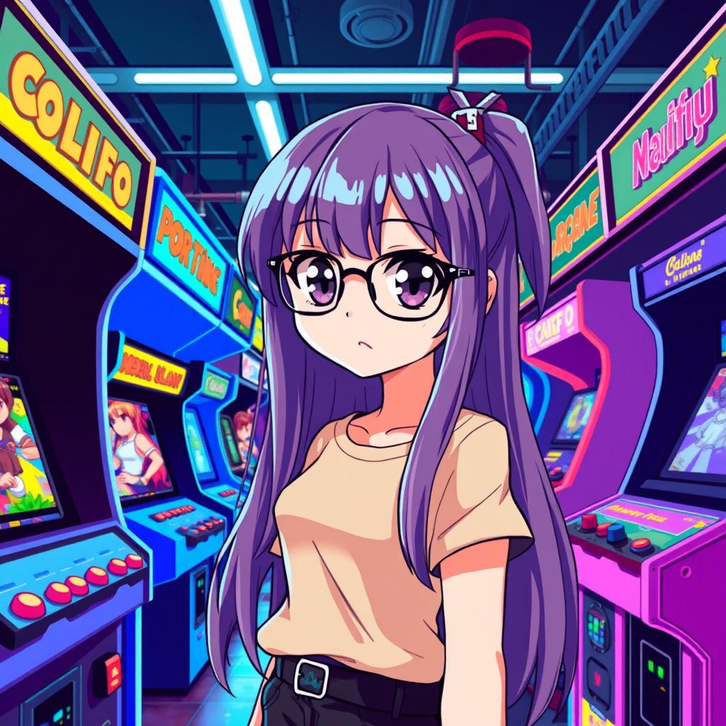 A vibrant pixel art scene featuring an anime girl with long hair and glasses, standing in an arcade full of colorful classic game machines