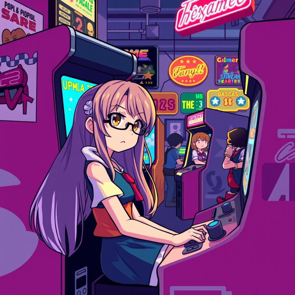 A lively pixel art scene featuring an anime girl with long hair and glasses, intensely focused on playing a video game