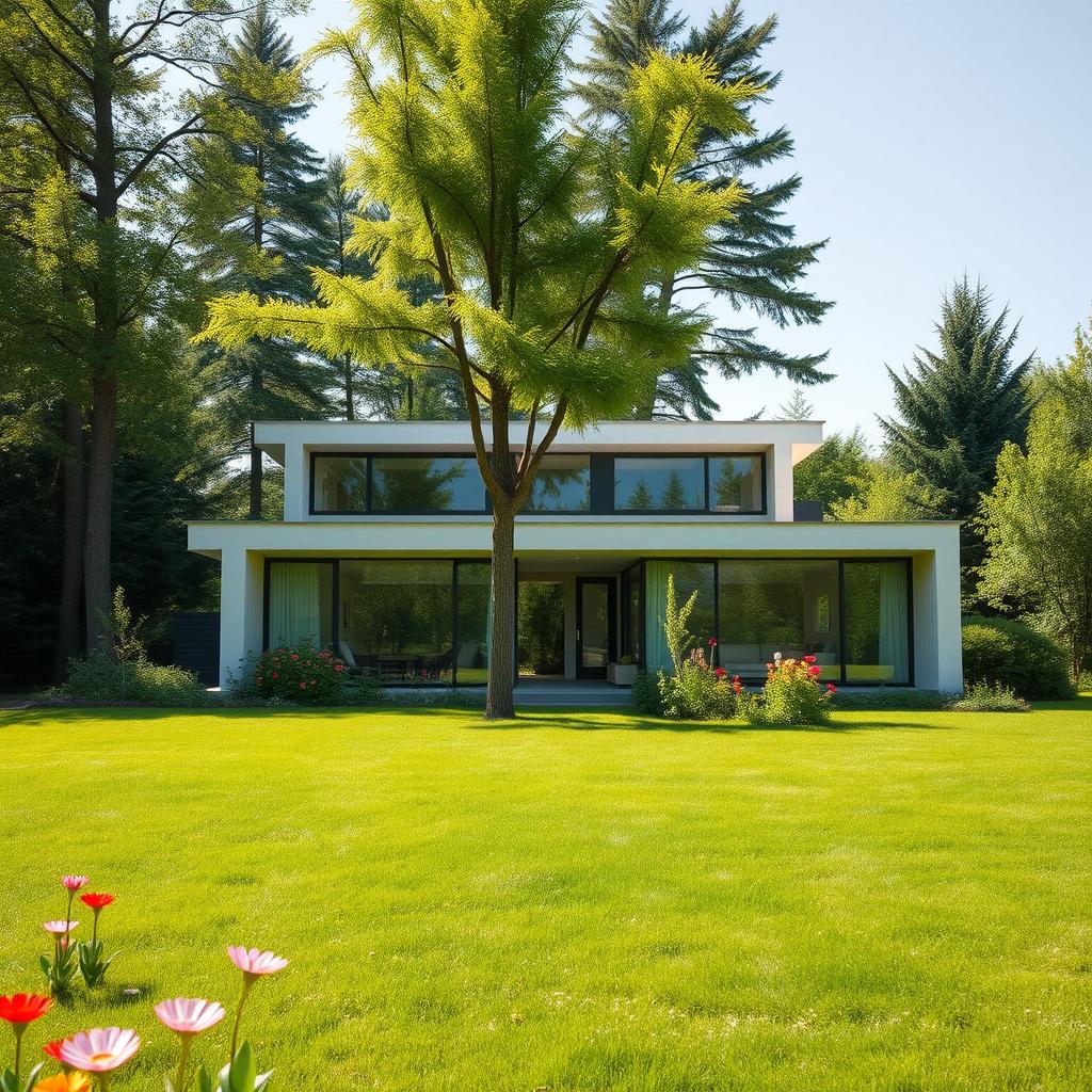 A serene minimalist house featuring a clean design with large windows that allow natural light to flood in