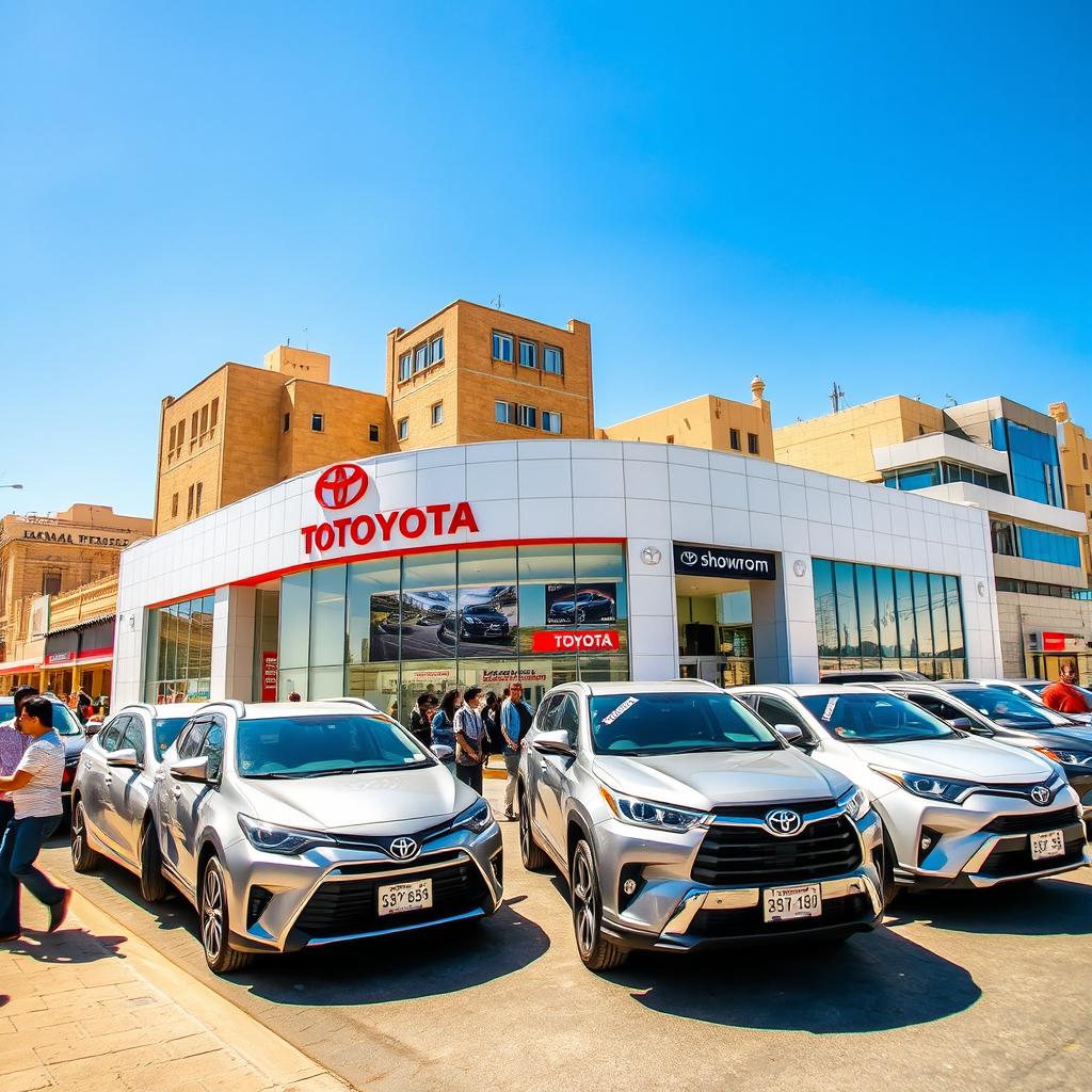 A vibrant, bustling scene of the Toyota Central Showroom on Mecca Street in Amman, Jordan
