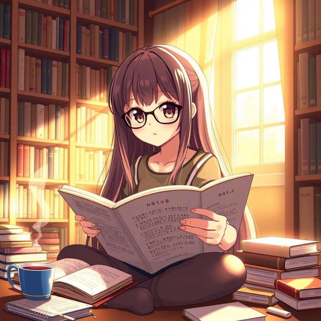 A charming anime girl with long hair and glasses, deeply engrossed in reading a book