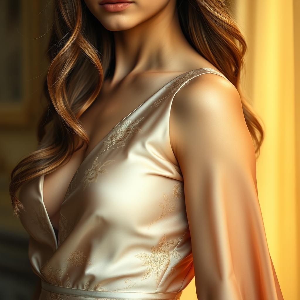 A stunningly detailed close-up of a beautiful woman wearing an elegant dress that flows gracefully from her bust downwards