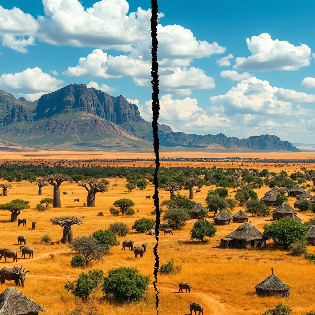 An expansive African landscape, beautifully showcasing golden savannas, imposing mountains, sturdy baobab trees, and traditional villages with thatched roofs