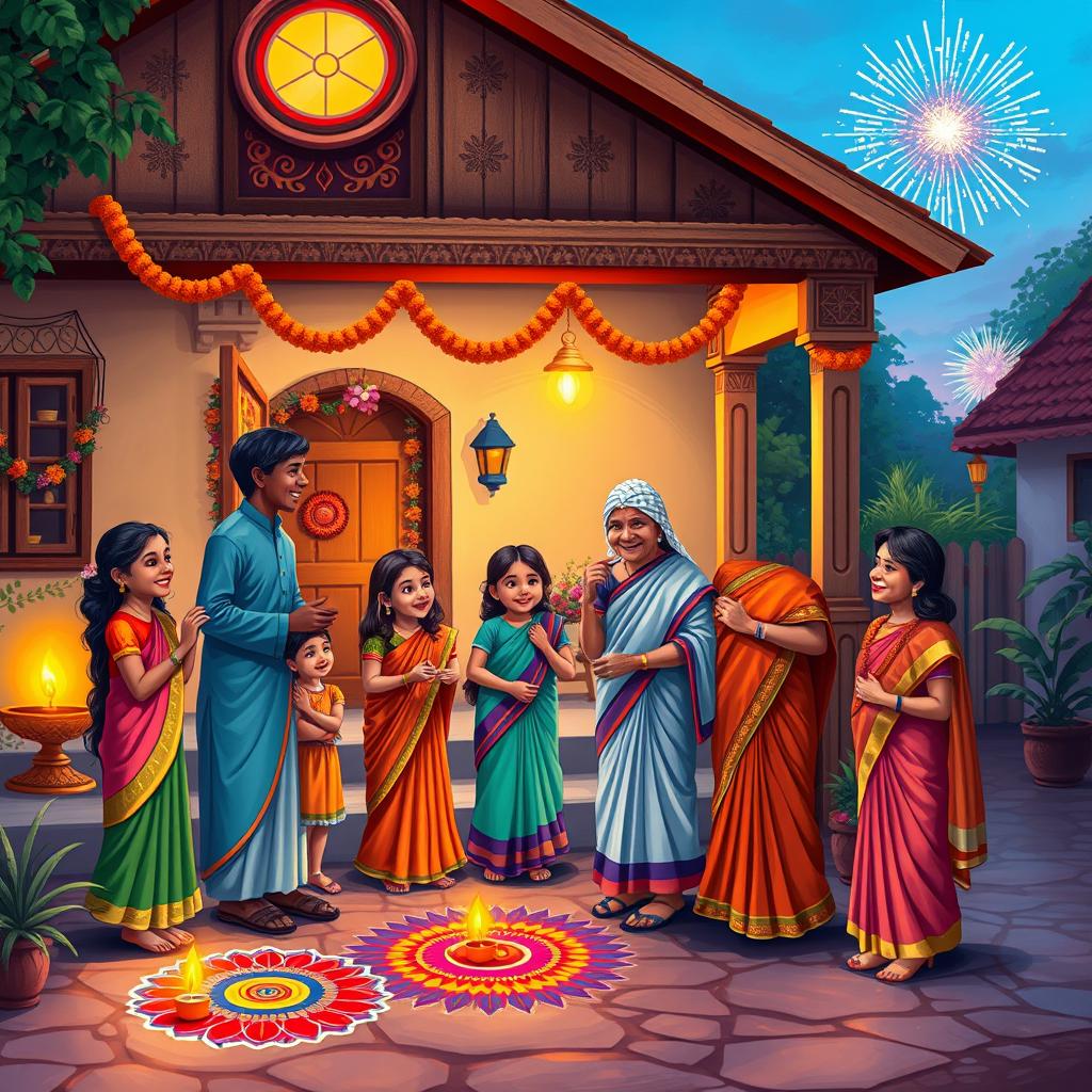 A charming and cozy village scene depicting two families joyfully arriving at Grandma's house for Deepavali