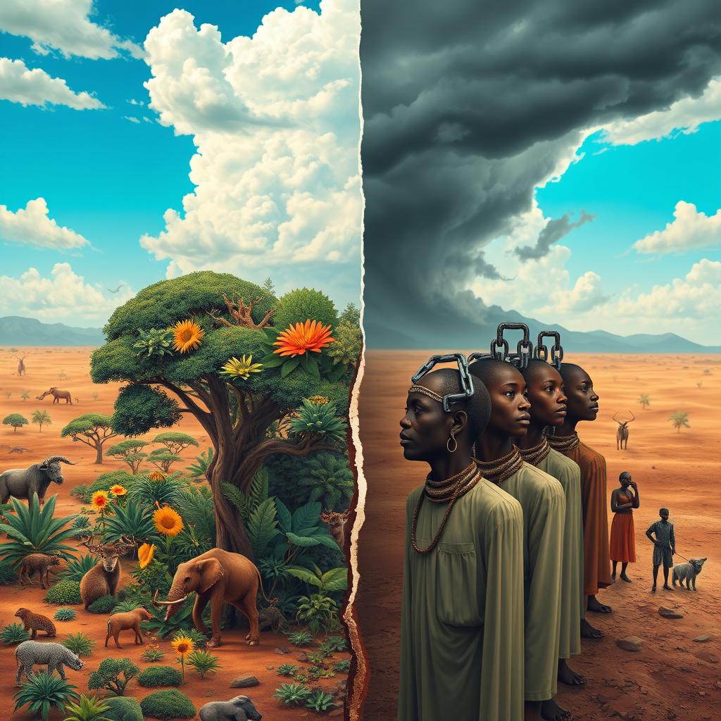A vast African landscape divided by a prominent fault line, showcasing contrasting environments on either side