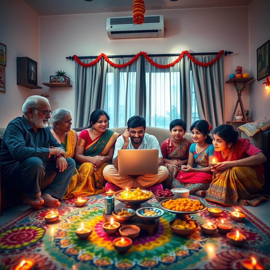 An Indian family gathered in a warmly decorated living room celebrating Deepavali, with colorful rangoli patterns on the floor and festive lights illuminating the space