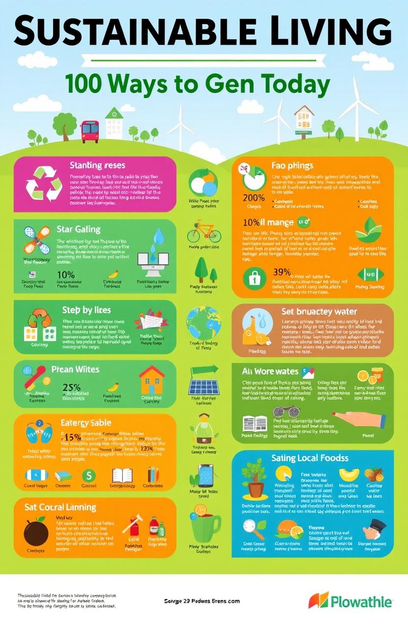 A visually striking infographic titled 'Sustainable Living: 100 Ways to Go Green Today', featuring vibrant illustrations of various eco-friendly practices