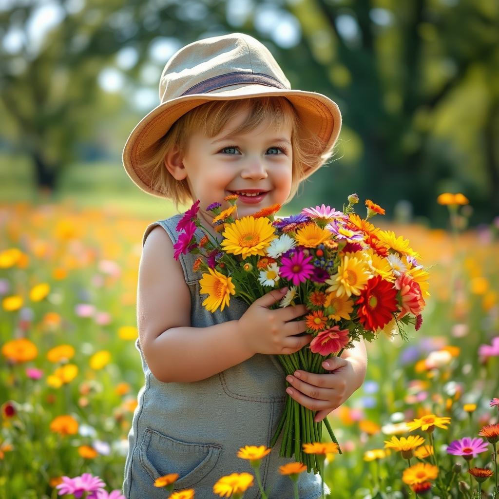 A small child dressed in vintage, worn-out clothing with a charming smile, gently holding a breathtaking bouquet of colorful flowers, surrounded by a sunny field filled with vibrant wildflowers