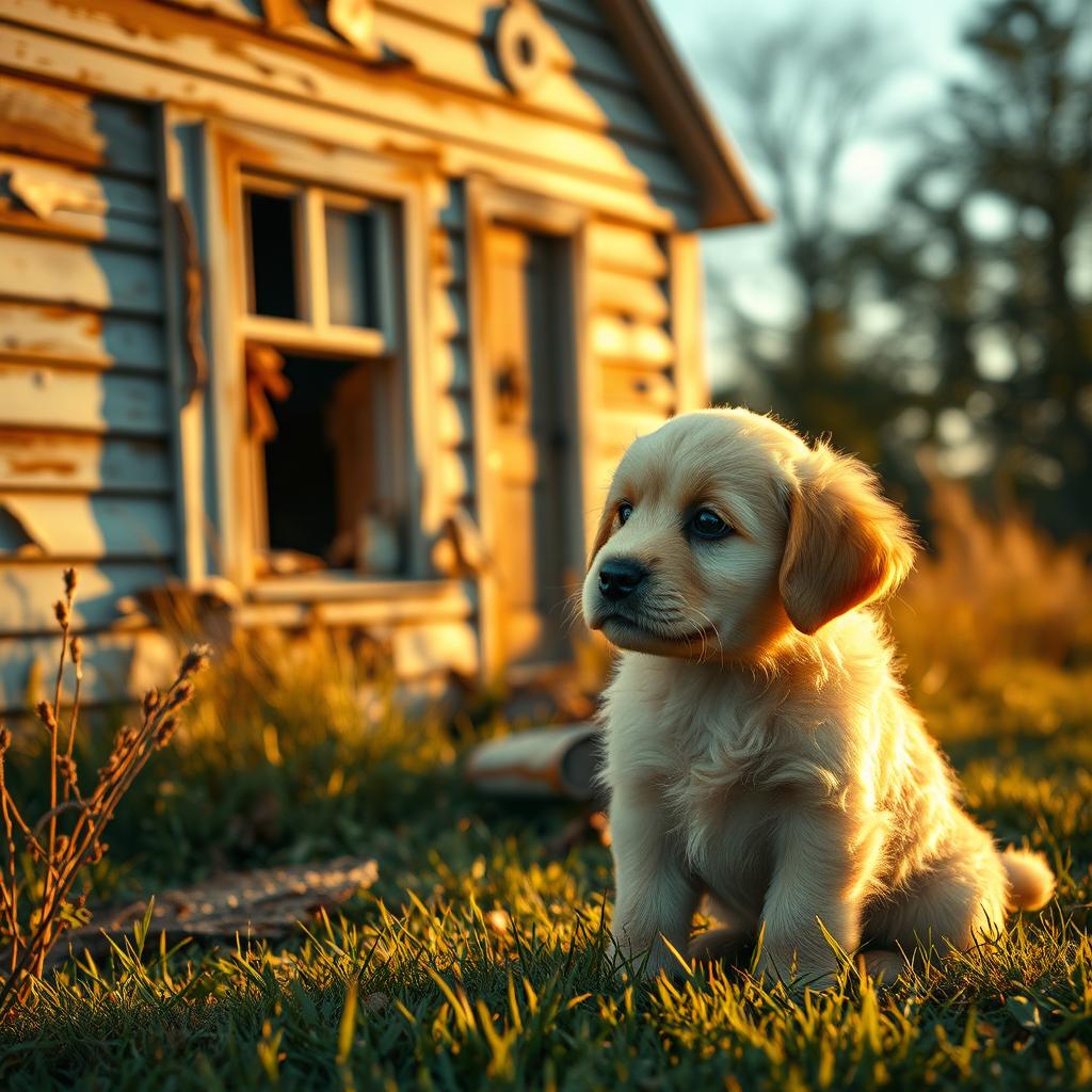 A small, adorable puppy with big expressive eyes curiously gazing at a dilapidated, aging house