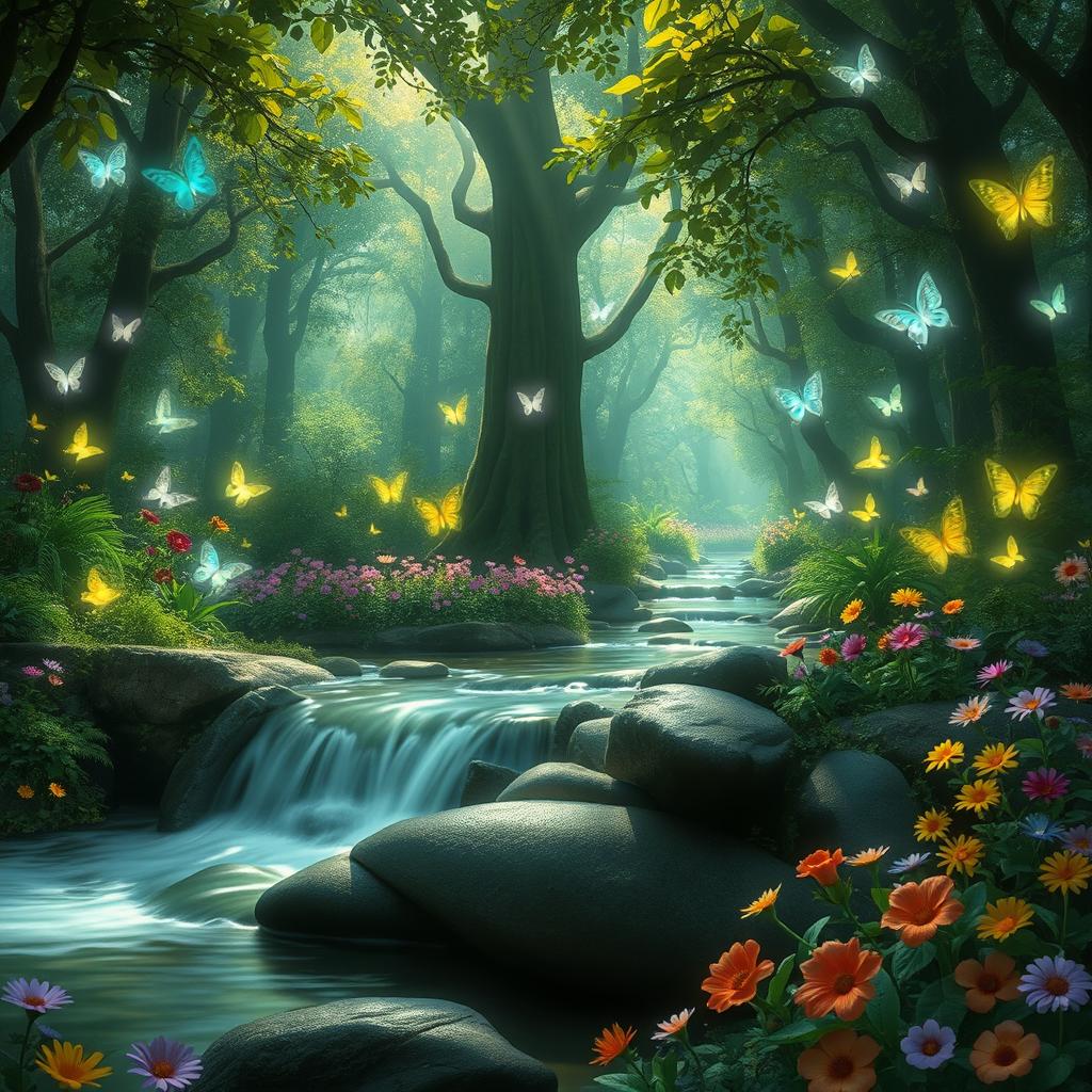 A magical forest filled with glowing plants and luminescent butterflies hovering in the air, with a gentle stream winding through the lush greenery