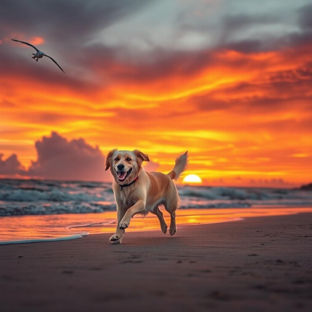 A joyful dog running on a sandy beach during a breathtaking sunset, the sky ablaze with vibrant hues of orange, pink, and purple