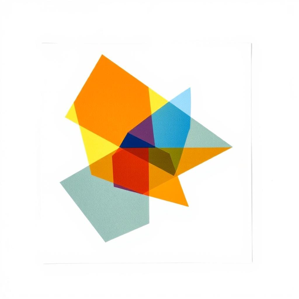 A beautifully designed print of an abstract geometric pattern, showcasing vibrant colors such as blue, orange, and yellow, on a clean white sheet of paper