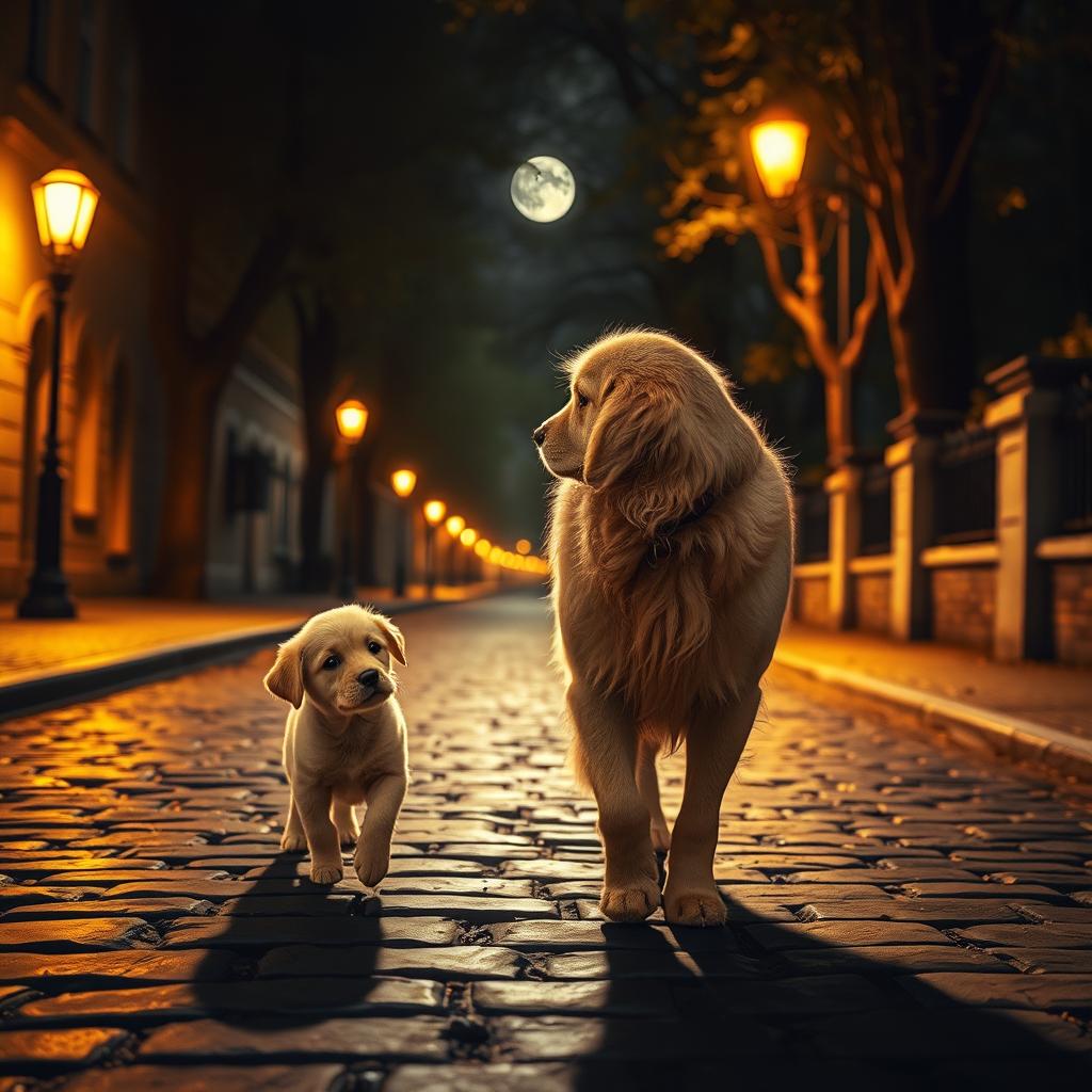A heartwarming scene of a dog and a puppy wandering a quiet, dimly lit street at night