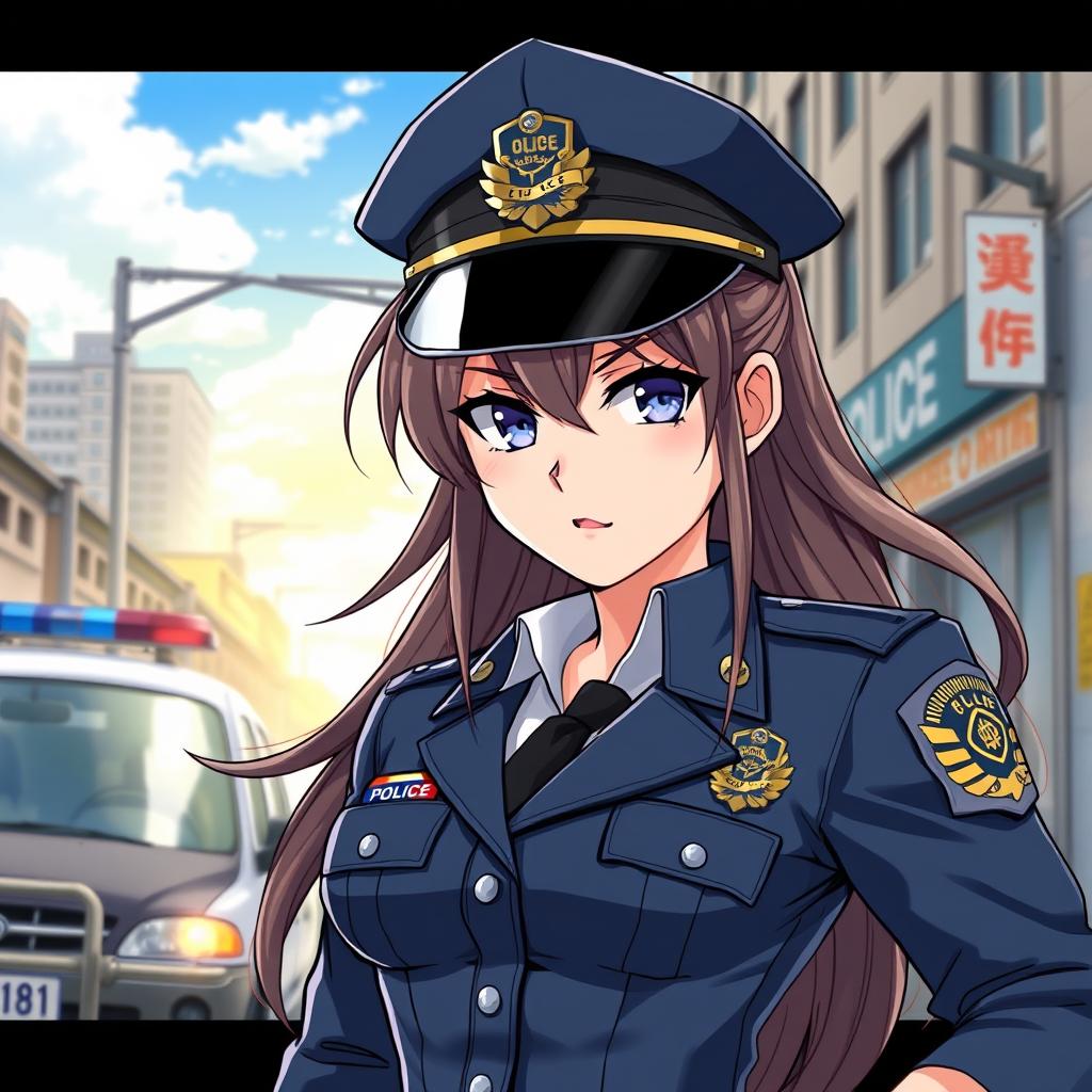 An anime-inspired illustration of a strong and confident female police officer