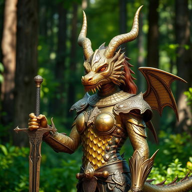 A fierce and majestic brass dragonborn female warrior, standing confidently in a lush green forest