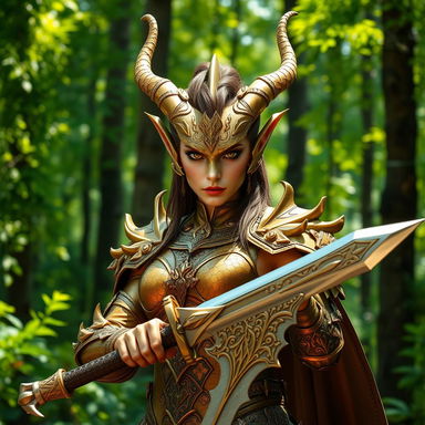 A fierce and majestic brass dragonborn female warrior, standing confidently in a lush green forest