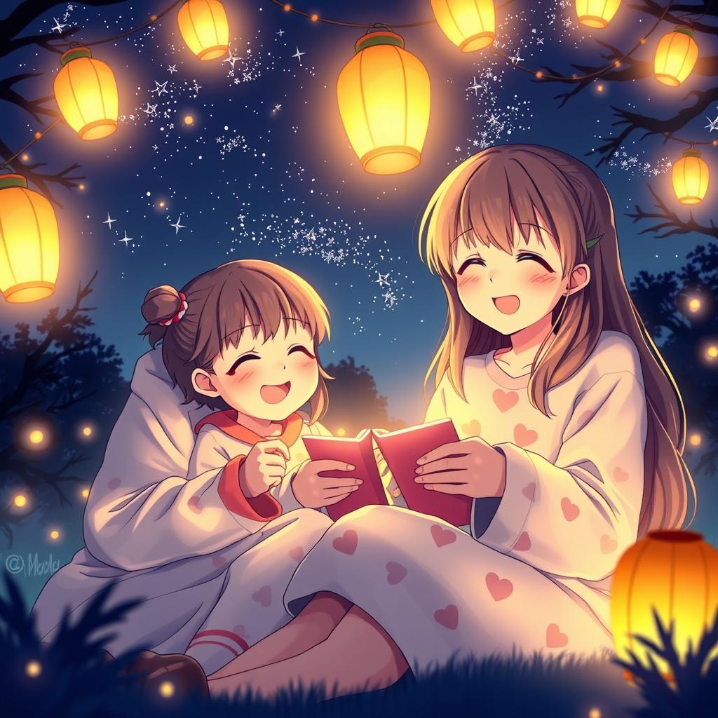 A heartwarming anime scene depicting a mother and daughter playing together at night under a starlit sky