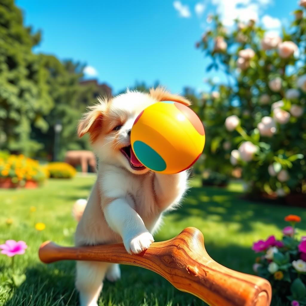A cute puppy joyfully playing with a bright, colorful ball, while balancing on an oversized, cartoonish wooden eating stick