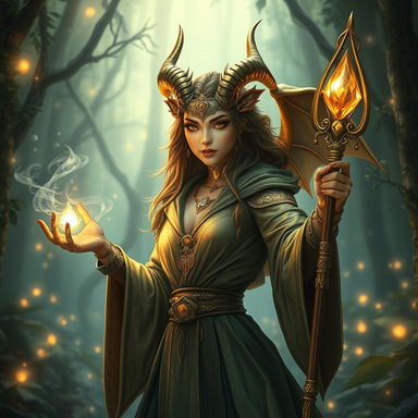 A powerful brass dragonborn female sorceress, exuding an aura of mystique and magic