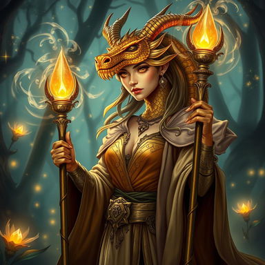 A powerful brass dragonborn female sorceress, exuding an aura of mystique and magic