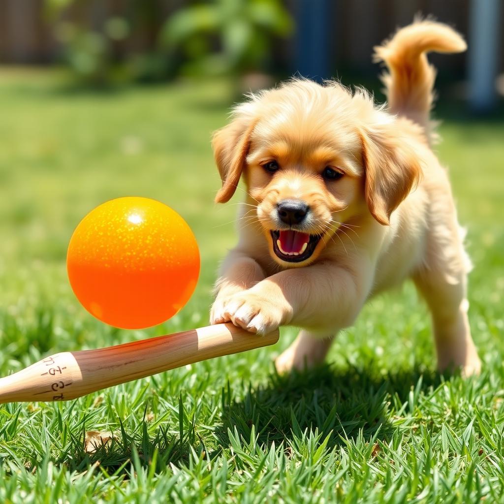 A cheerful puppy playing with a bright, colorful ball on a wooden eating stick