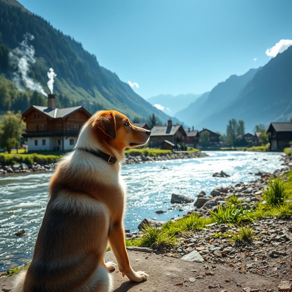 A serene scene of a dog sitting attentively by a river, with picturesque views of a mountain village in the background