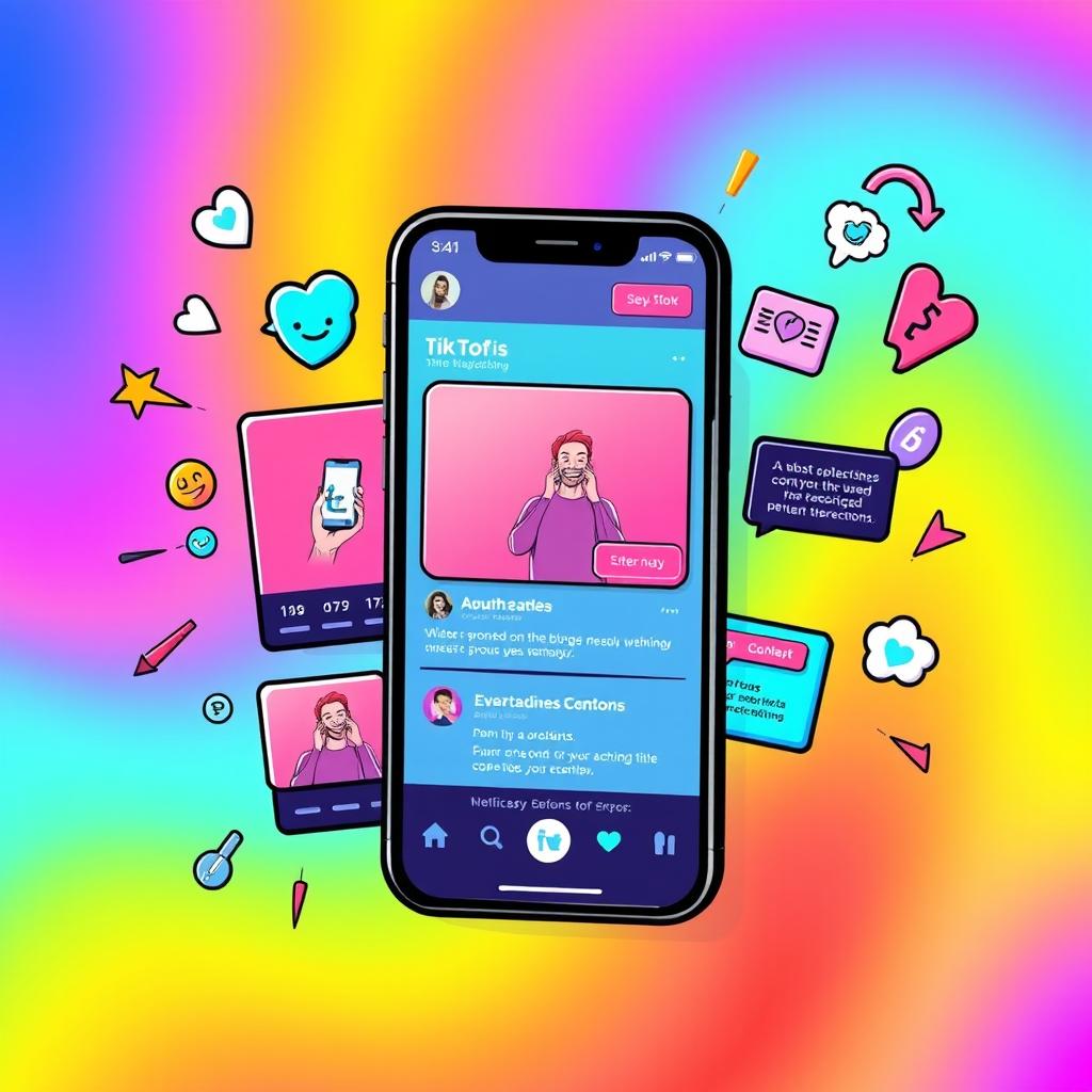 A vibrant and dynamic digital illustration featuring a lively social media interface without TikTok buttons, focusing on a highly engaging content layout