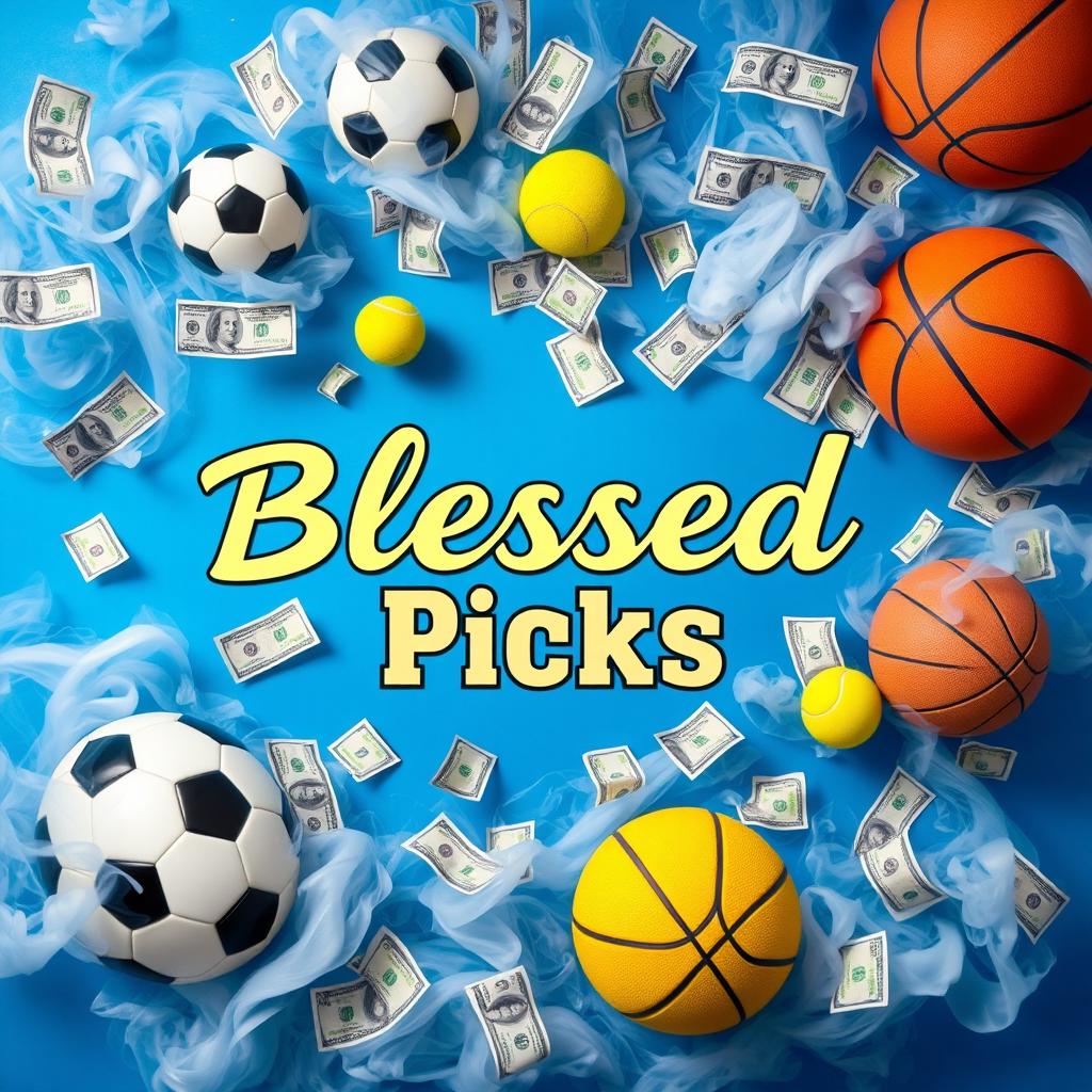 A vibrant blue background filled with white smoke, featuring scattered dollar bills, soccer balls, tennis balls, and basketballs