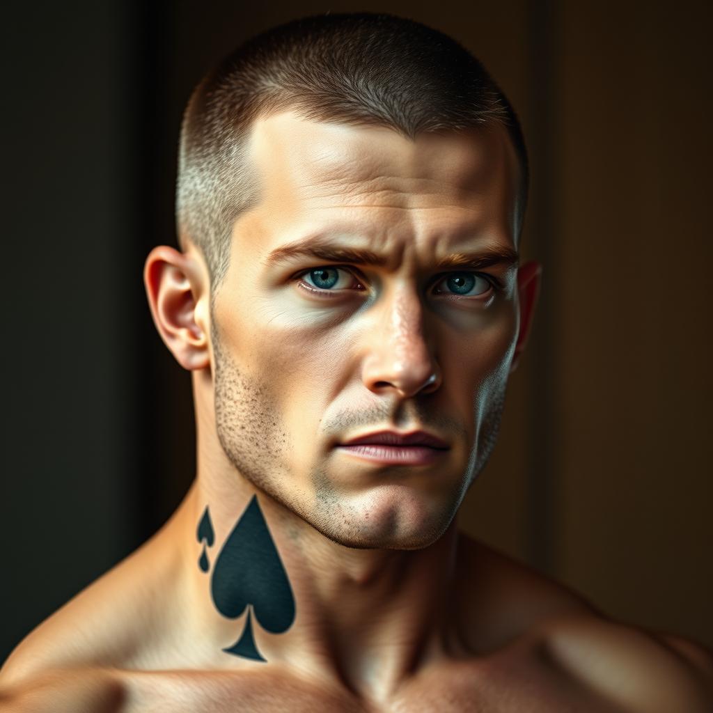 A tall, muscular Caucasian man with a defined body and a short buzz cut hairstyle