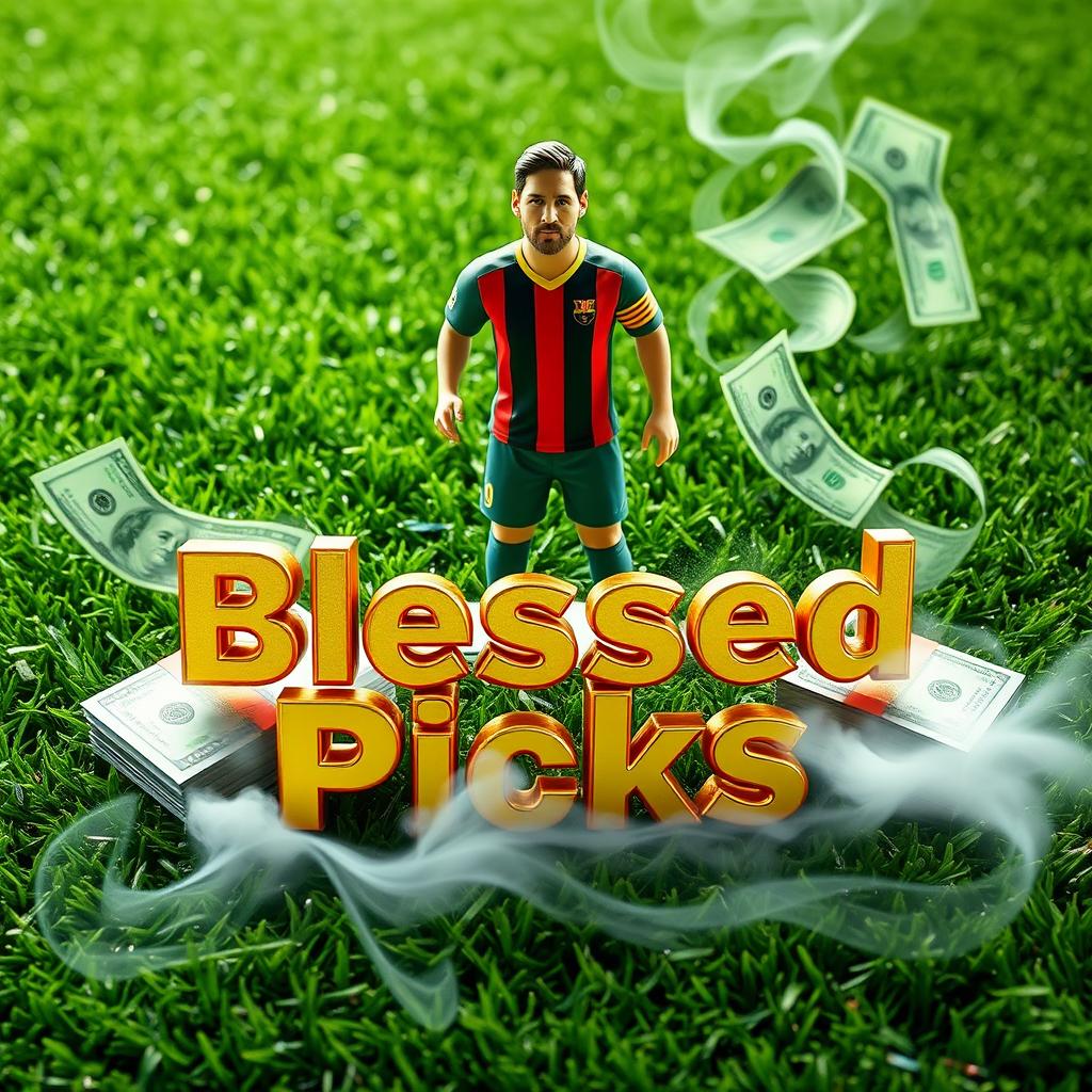 A lush green football field setting featuring a soccer figure resembling a famous player similar to Messi standing beside stacks of dollar bills