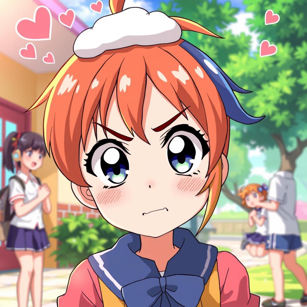 An expressive anime girl showing jealousy towards her friend