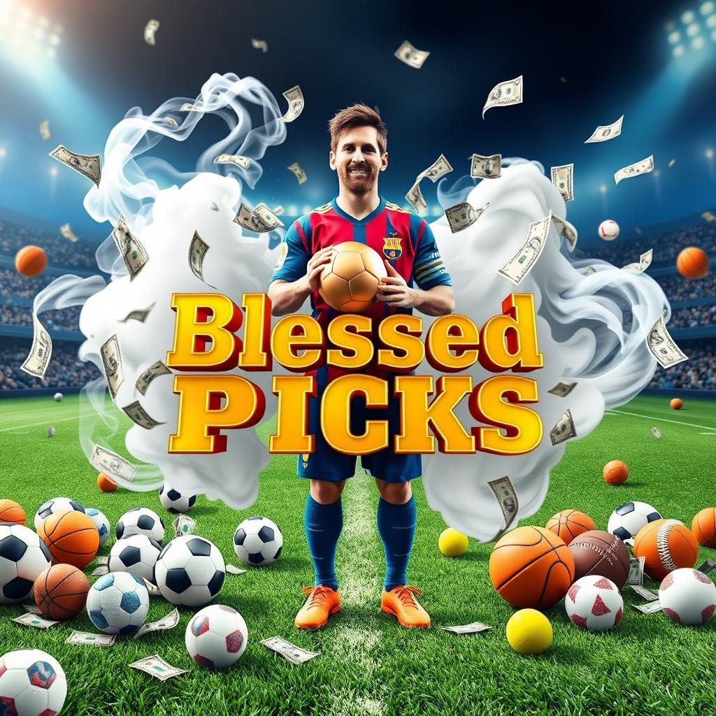 A vibrant football field background showcasing a figure resembling Messi holding a golden ball positioned prominently in the center