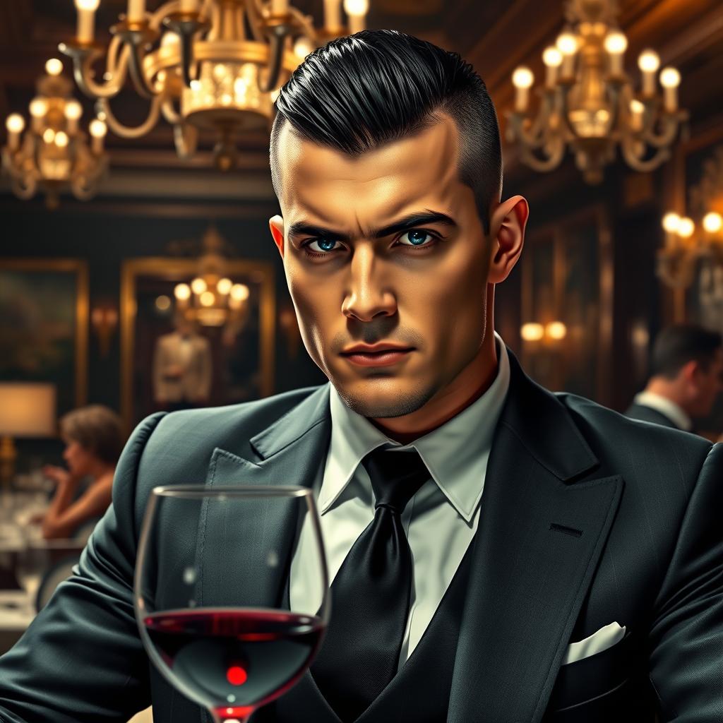 A charismatic mafia leader with a buzz cut hairstyle, featuring sleek black hair, piercing blue eyes, dressed in a stylish tailored suit