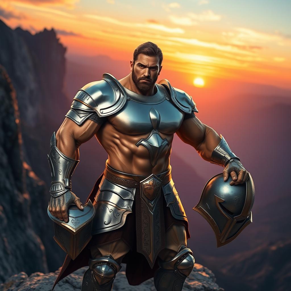 A muscular and powerful knight standing heroically on a rocky cliff, showcasing bulging biceps and a chiseled physique