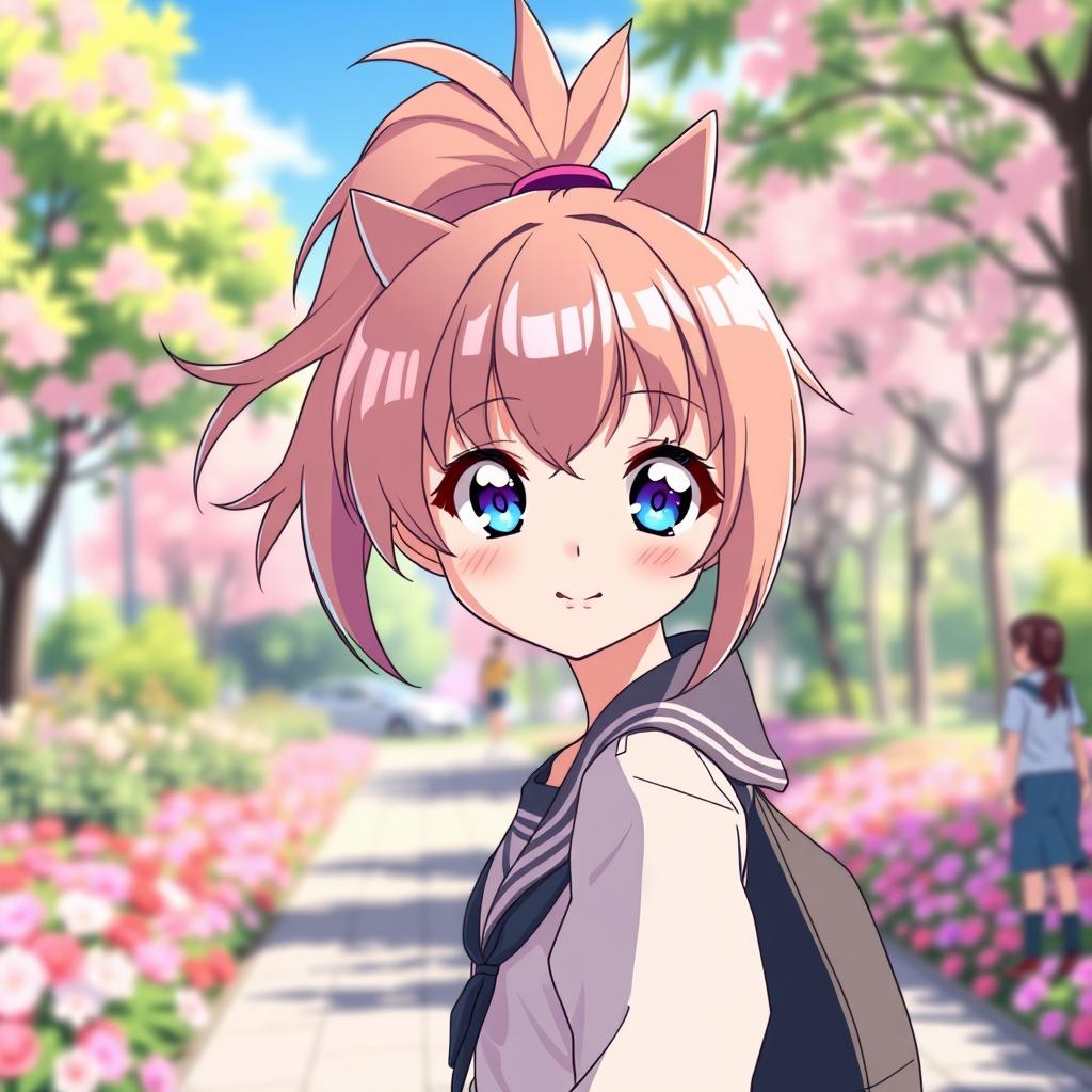 An anime girl with a playful ponytail hairstyle, exuding energy and charm