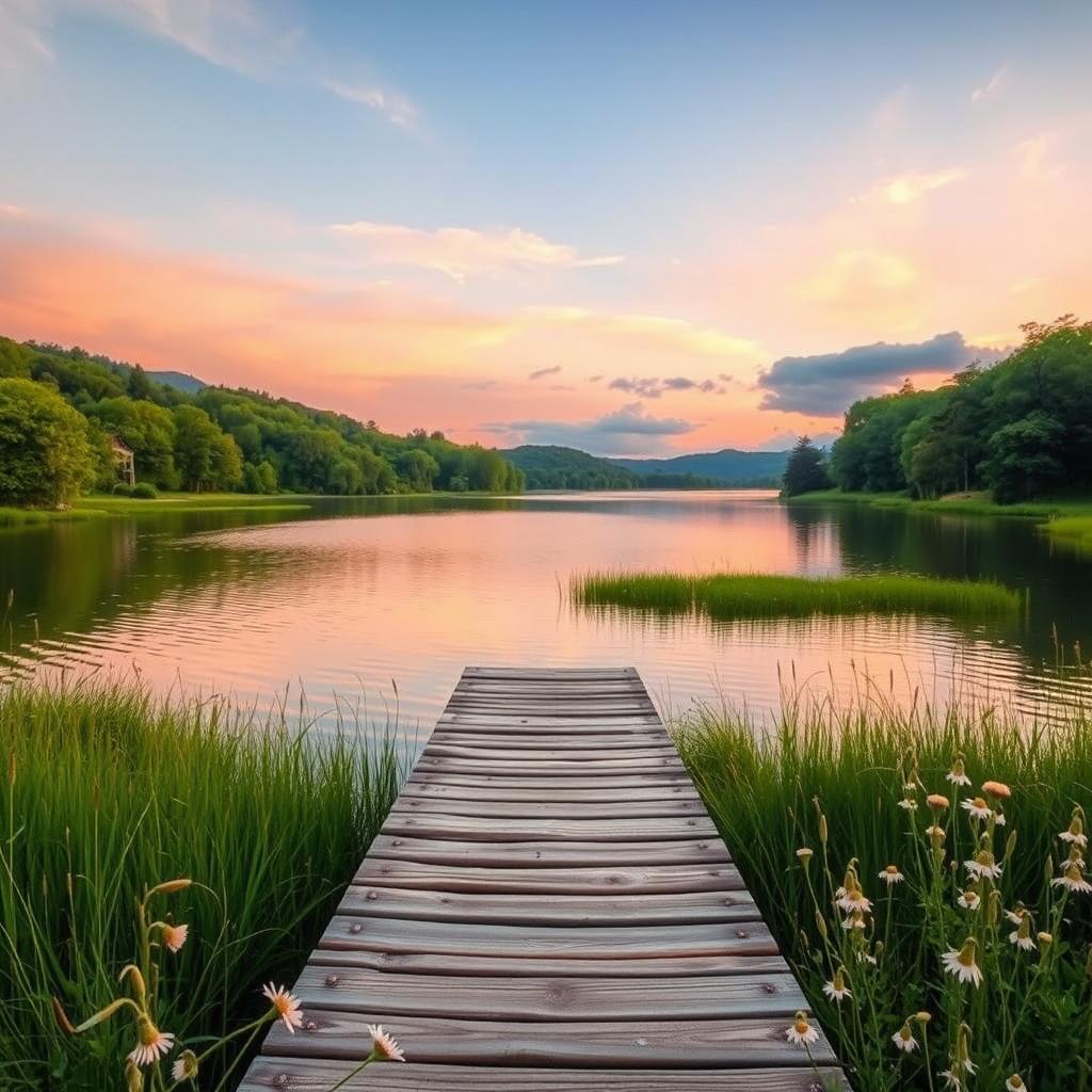 A beautifully composed, aesthetic scene featuring a serene landscape at sunset, with soft pastel colors blending in the sky, lush greenery surrounding a calm lake, and delicate wildflowers in the foreground