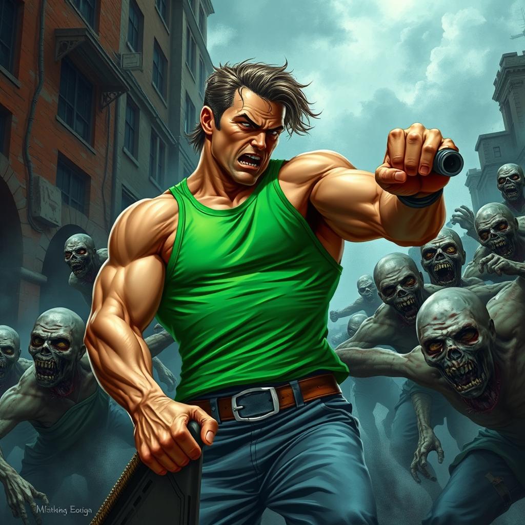 A heroic figure wearing a vibrant green tank top, engaged in an intense battle against a horde of zombies