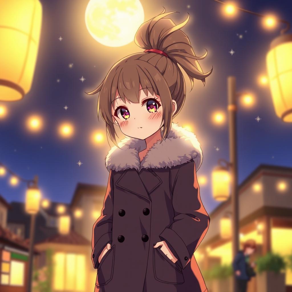 An anime girl with a stylish high ponytail, dressed in a cozy and fashionable coat, walking through a beautifully lit night scene