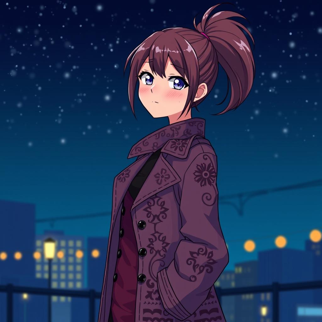 An anime woman with a ponytail hairstyle (xuxinha) wearing a stylish coat, set at night