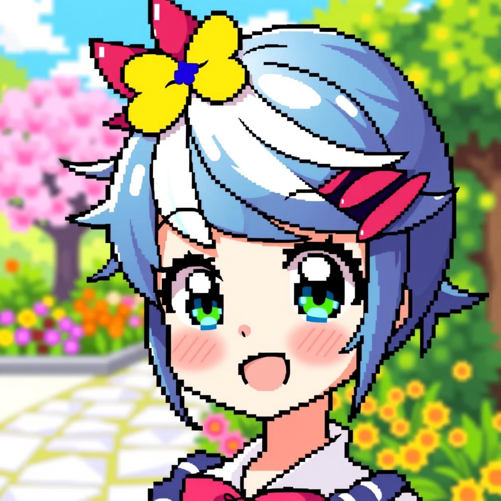 An anime girl with an ahoge hairstyle, depicted in a colorful pixel art style