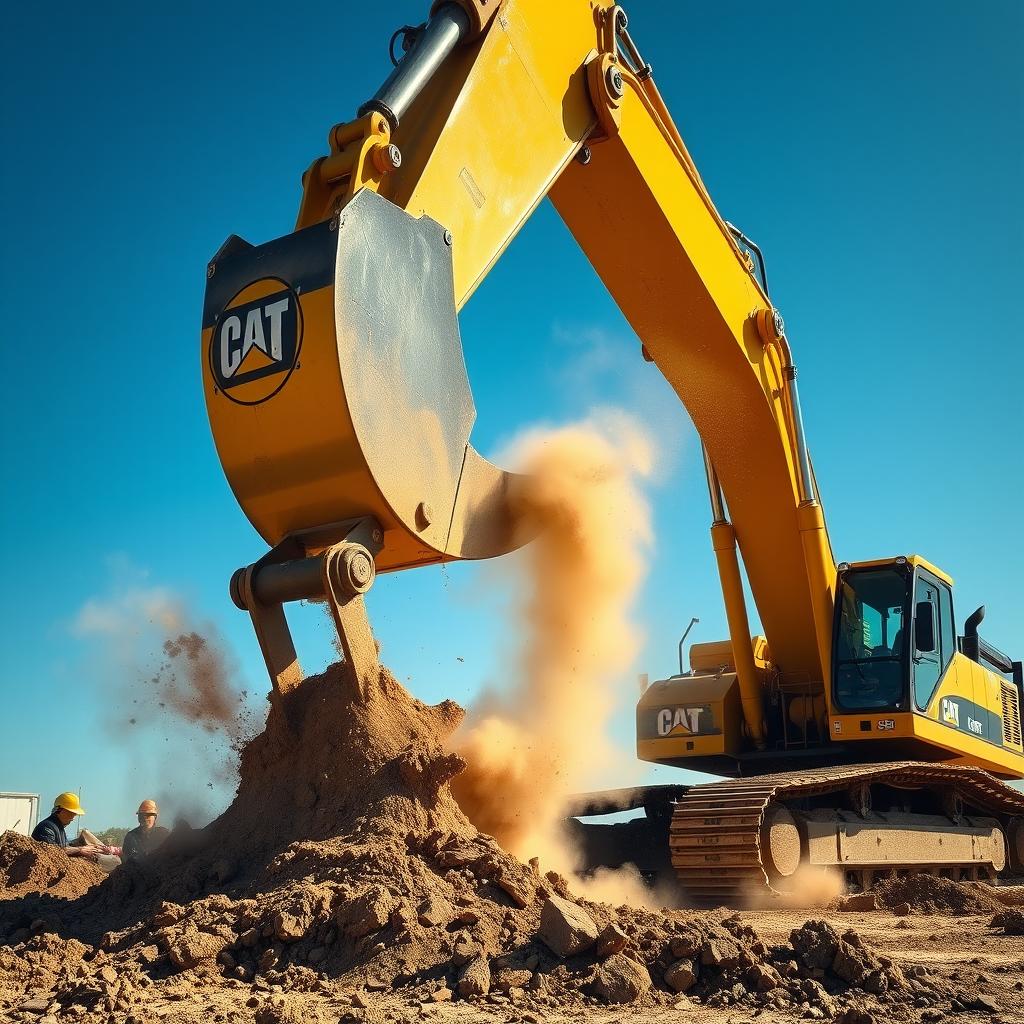 A large, powerful hug excavator in action on a construction site, digging into the ground with its massive claw scoop, dirt and debris flying up