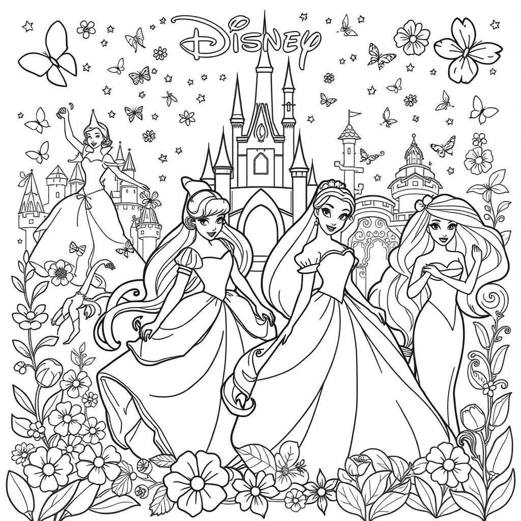 A beautiful coloring book page featuring a collection of Disney princesses including Snow White, Cinderella, Belle, Ariel, and Tiana, surrounded by enchanting elements like magical castles, flowers, and woodland creatures