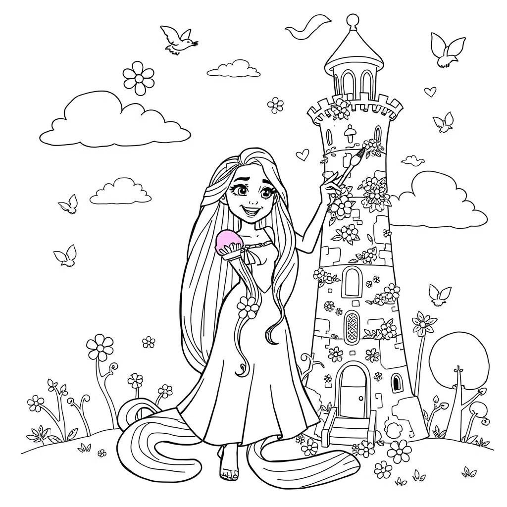 A delightful coloring book page featuring Rapunzel from Disney's Tangled, showcasing her long, flowing hair adorned with flowers