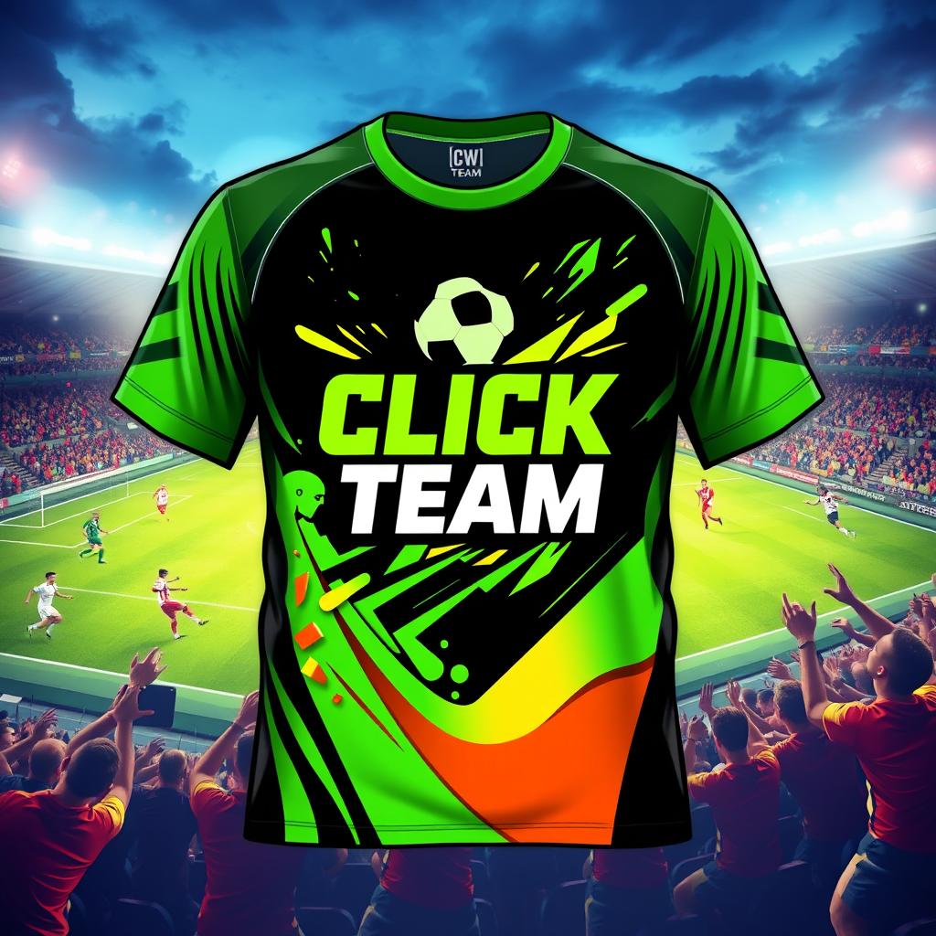 A vibrant football t-shirt prominently featuring the brand "CLICK TEAM" in a bold, modern font