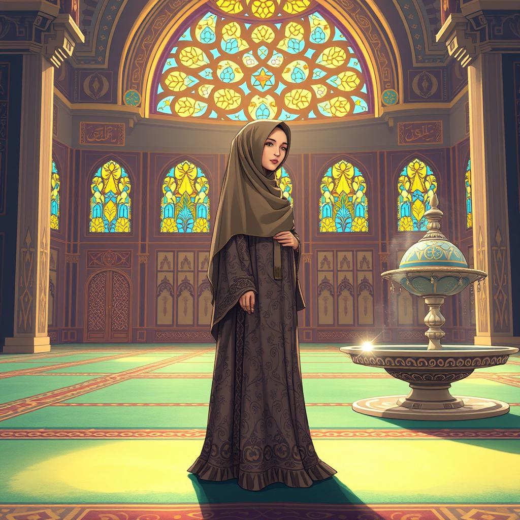 A serene and respectful illustration of a Muslim woman in traditional prayer attire, standing gracefully in a beautifully decorated mosque