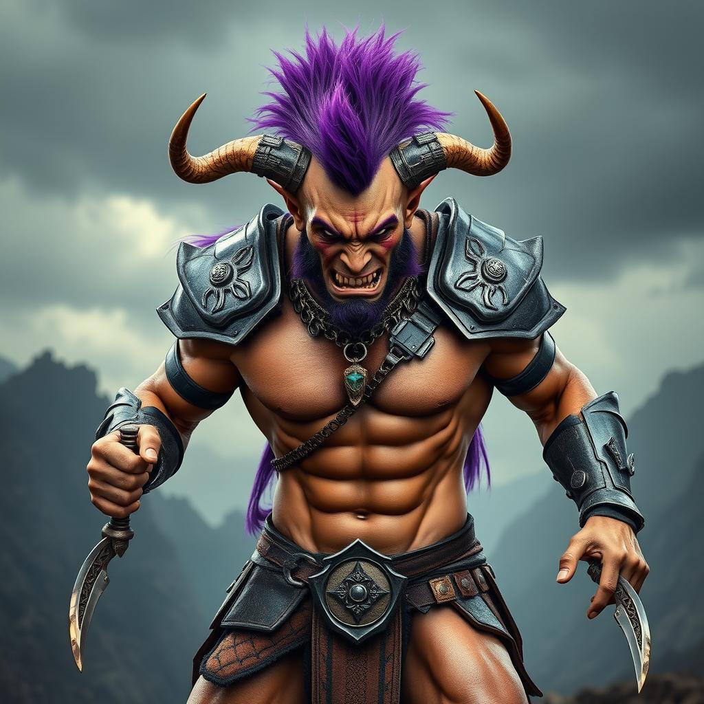 A full-body shot of a fierce armored warrior beast man, dressed in skimpy yet striking armor that highlights his muscular form