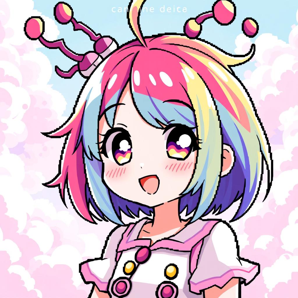 An anime girl with whimsical antenna-like hairstyle, featuring brightly colored hair that adds to her playful and unique appearance