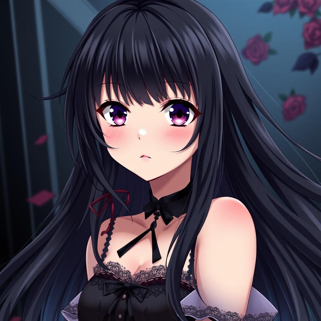 An anime girl with long, flowing black hair, embodying a yandere aesthetic