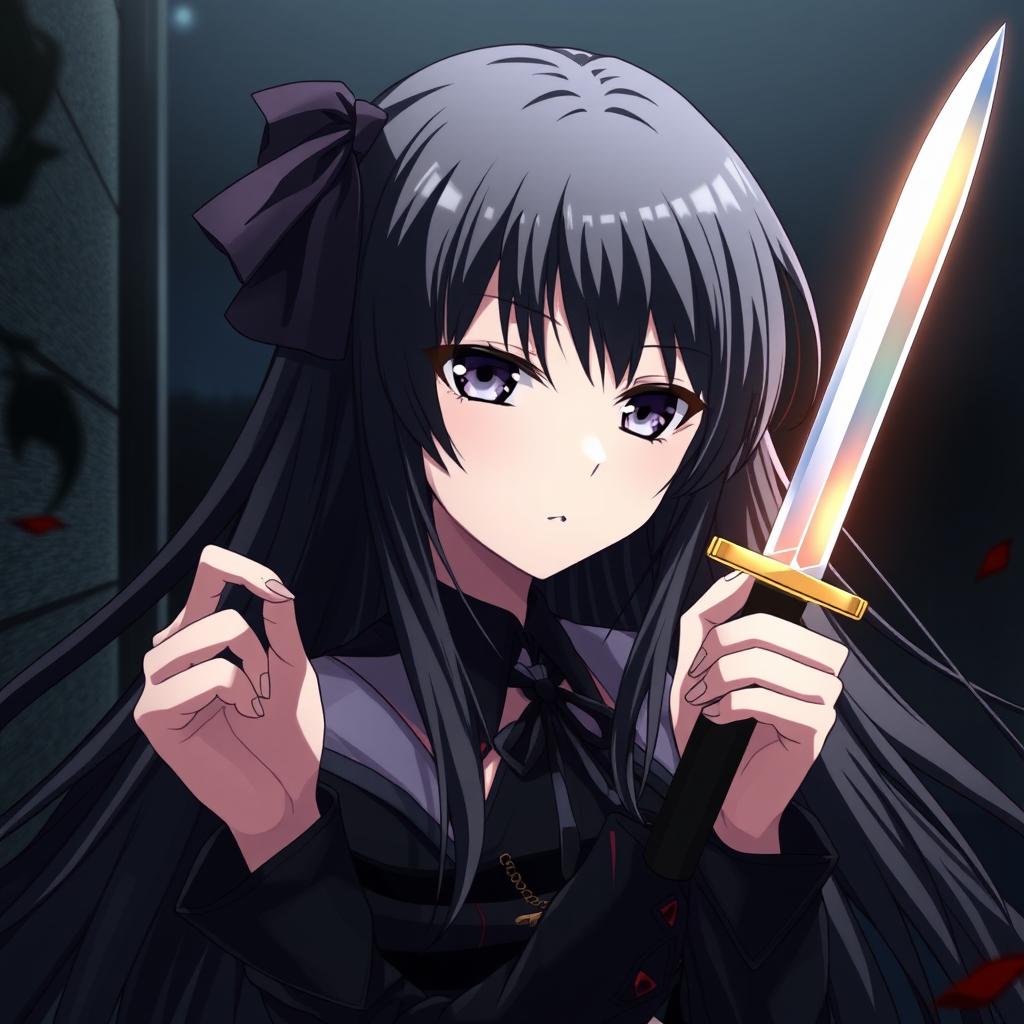 An anime girl with long, flowing black hair, embodying a yandere aesthetic, holding a gleaming knife in one hand
