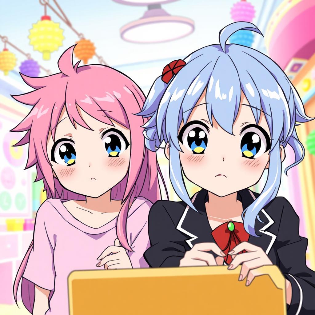 Two anime girls with distinct styles, both looking at the screen with confused expressions